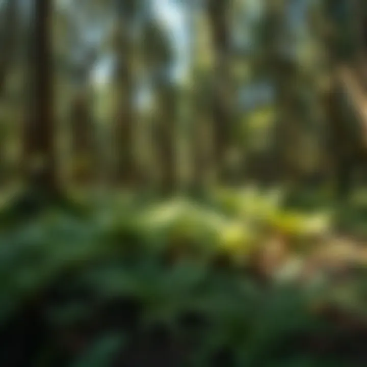 A diverse woodland ecosystem with ferns and trees