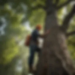 A professional arborist assessing a large tree